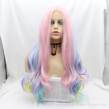 Vigorous Lace Synthetic Wig Long Straight Rainbow Color Full Wig for Cosplay Girls Party or Daily Use